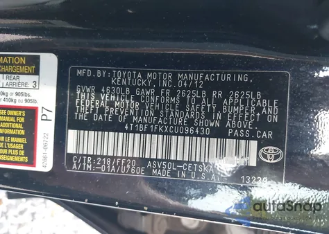 2012 Toyota Camry Se/Le/Xle z USA, uszkodzony, nr VIN 4T1BF1FKXCU096430